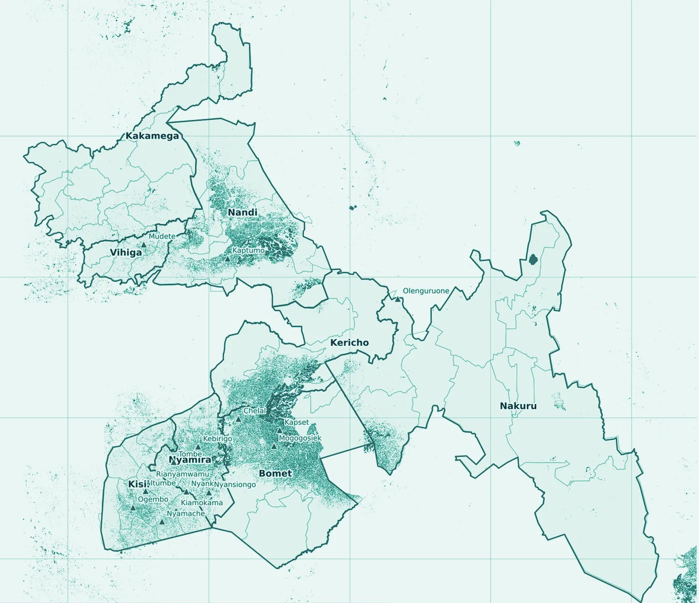 Duotone satellite map of Kenya's western tea belt showing mapped field boundaries